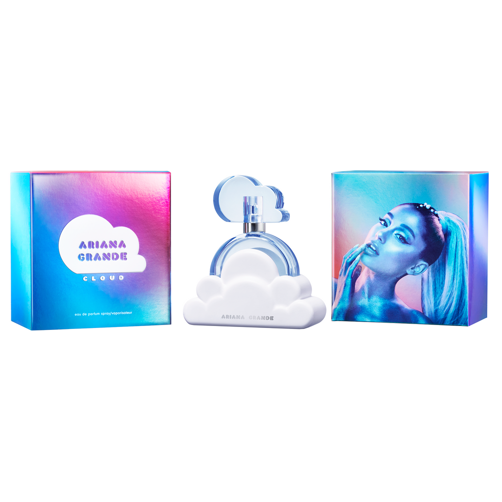 Cloud by Ariana Grande perfume packaging front and back with perfume bottle